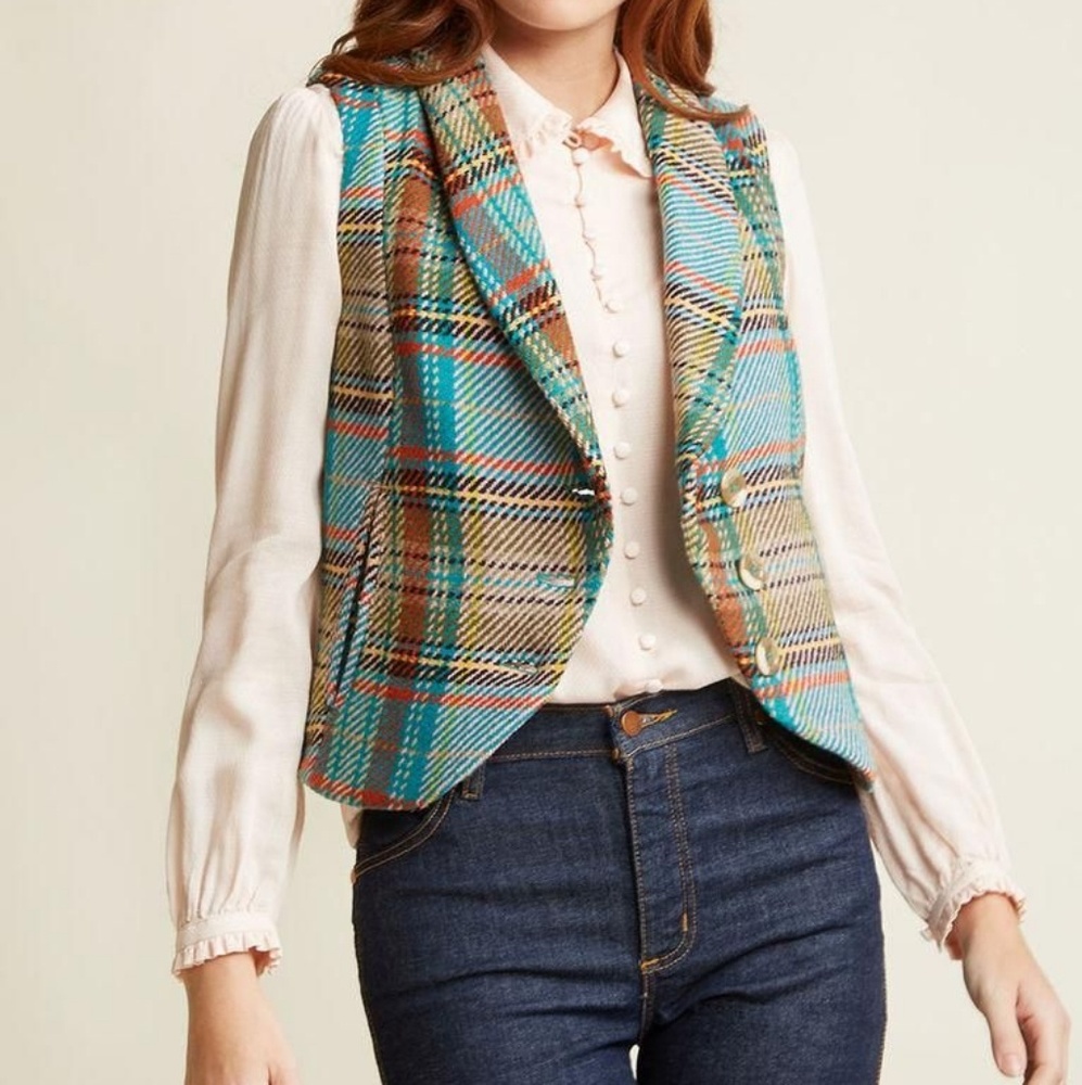 Modcloth new Orleans nature vest aqua plaid